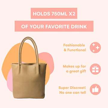 PortoVino Double Pour Vegan Leather Tote Bag with Hidden Insulated Flask Compartment and Dispenser w...