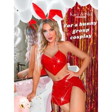 Kaei&Shi Sexy Bunny Rave Outfits For Women, Skirt Heart Wet Look Vinyl Costumes For Women, Cosplay Backless Two Piece Lingerie Set Boudoir Going Out Valentines V Day Petite Red Small