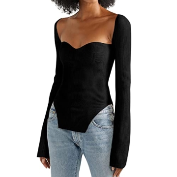 ACOSAP Women's Stylish Square Neck Ribbed Knitted Crop Sweater