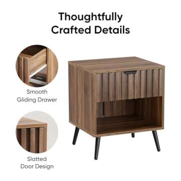 Nightstands, Walnut Fluted Night Stand, Mid Century Modern Nightstand, Bedside Table with Seamless Slatted Drawer, End Tables Bedroom with Metal Legs, Night Stand for Bedroom