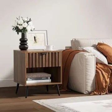 Nightstands, Walnut Fluted Night Stand, Mid Century Modern Nightstand, Bedside Table with Seamless Slatted Drawer, End Tables Bedroom with Metal Legs, Night Stand for Bedroom