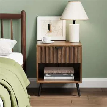 Nightstands, Walnut Fluted Night Stand, Mid Century Modern Nightstand, Bedside Table with Seamless Slatted Drawer, End Tables Bedroom with Metal Legs, Night Stand for Bedroom