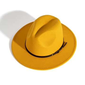 HUDANHUWEI Women's Classic Wide Brim Fedora Hat with Belt Buckle Felt Panama Hat (Yellow)