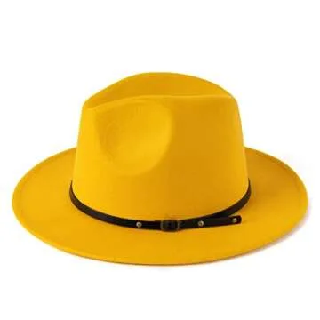 HUDANHUWEI Women's Classic Wide Brim Fedora Hat with Belt Buckle Felt Panama Hat (Yellow)