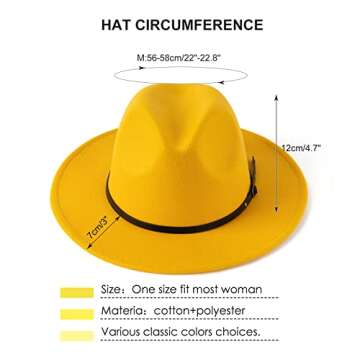 HUDANHUWEI Women's Classic Wide Brim Fedora Hat with Belt Buckle Felt Panama Hat (Yellow)