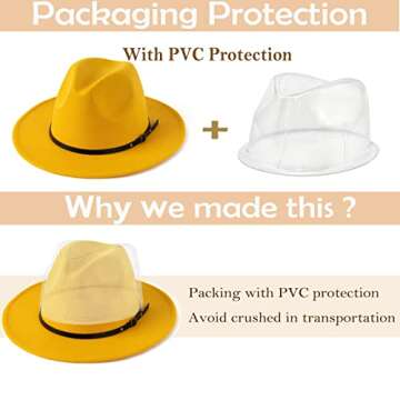 HUDANHUWEI Women's Classic Wide Brim Fedora Hat with Belt Buckle Felt Panama Hat (Yellow)