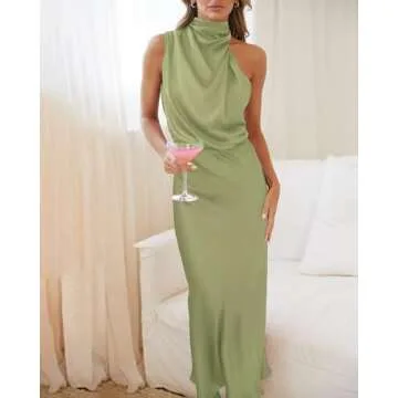 BTFBM Womens Sleeveless Cocktail Dresses Mock Neck Keyhole Elastic High Waist Evening Party Maxi Wedding Guest Dress(Solid Tender Green, Small)