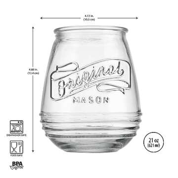 Glaver's Stemless Wine Glasses 21 Oz. Set Of 4 Original Mason Vintage Goblet Beverage Glasses Uses For Your Cocktail Lounge, Whiskey Parties, and Everyday Dinner Table. Dishwasher Safe. (Large)