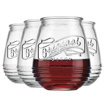 Glaver's Stemless Wine Glasses 21 Oz. Set Of 4 Original Mason Vintage Goblet Beverage Glasses Uses For Your Cocktail Lounge, Whiskey Parties, and Everyday Dinner Table. Dishwasher Safe. (Large)