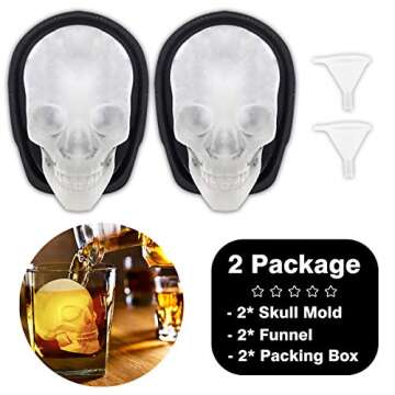 Extra Large 3D Skull Ice Cube Mold Silicone Ice Molds for Whiskey Skull Ice Cube Trays with Funnel for Big Mouth Cup Skull Ice Maker with Resin Chocolate sugar Whiskey Ice Mold for Parties (2 Pcs)