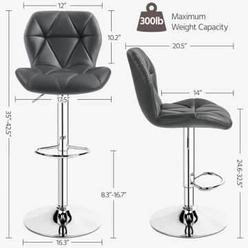 Yaheetech Grey Bar Stools Set of 2, PU Leather Bar Chairs with Backrest, Height Adjustable Swivel Island Stools for Bar, Kitchen Counter, Grey