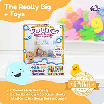 Tub Cubby Original Bath Toy Storage - Hanging Bath Toy Holder, with Suction & Adhesive Hooks, 30"x23...