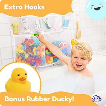 Tub Cubby Original Bath Toy Storage - Hanging Bath Toy Holder, with Suction & Adhesive Hooks, 30"x23" Mesh Net Shower Caddy for Kids Bathroom Decor, Bedroom Toy Organizer (Large Toys)
