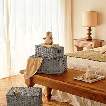 GRANNY SAYS Wicker Storage Baskets, Woven Decorative Boxes with Lids, Set of 3 Wicker Baskets, Storage Container, Nesting Woven Baskets for Organizing, Wicker Basket with Lid, Gray, 3-Pack