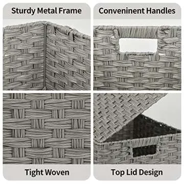 GRANNY SAYS Wicker Storage Baskets, Woven Decorative Boxes with Lids, Set of 3 Wicker Baskets, Storage Container, Nesting Woven Baskets for Organizing, Wicker Basket with Lid, Gray, 3-Pack