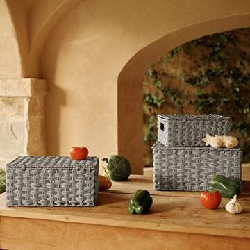 GRANNY SAYS Wicker Storage Baskets, Woven Decorative Boxes with Lids, Set of 3 Wicker Baskets, Storage Container, Nesting Woven Baskets for Organizing, Wicker Basket with Lid, Gray, 3-Pack