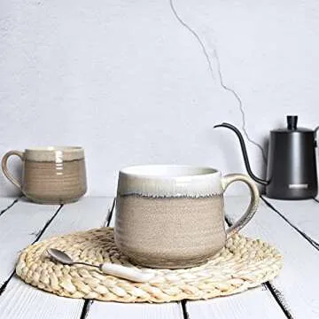 Bosmarlin Large Ceramic Wide Coffee Latte Mug Set of 2, 18 Oz, Big Stoneware Tea Cup for Office and Home, Dishwasher and Microwave Safe (Brown Grey, 2)