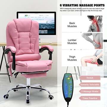 ONPNO Reclining Office Chair with Massage, Ergonomic Office Chair w/Foot Rest, PU Leather Executive Computer Chair w/Heated, Padded Armrest, High Back Swivel Recliner for Office Home Study (Pink)