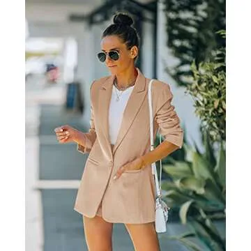 Fisoew Women's 2 Piece Open Front Long Sleeve Blazer and Solid Short Pants Suit Sets Light Khaki