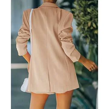 Fisoew Women's 2 Piece Open Front Long Sleeve Blazer and Solid Short Pants Suit Sets Light Khaki
