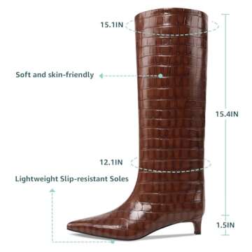 COMJUY Brown Crocodile Kitten Heel Knee High Boots for Women, 1.5-in Stiletto Low Heel Long Boots Wo...
