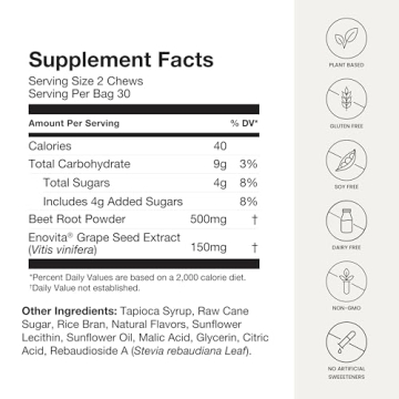 humanN SuperBeets Heart Chews, Nitric Oxide and Blood Pressure Support, Grape Seed Extract & Non-GMO Beet Root Powder Energy Chew, Pomegranate Berry Flavor, 60 Count