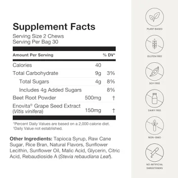 humanN SuperBeets Heart Chews, Nitric Oxide and Blood Pressure Support, Grape Seed Extract & Non-GMO Beet Root Powder Energy Chew, Pomegranate Berry Flavor, 60 Count