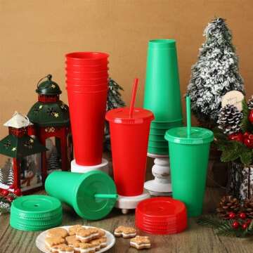 Hushee 15 Pieces Christmas Tumbler with Straw and Lid Reusable Christmas Cups 24 oz Red Green Plastic Cups for Xmas Tumbler Gifts Christmas Party Decorations Holiday Party Supplies