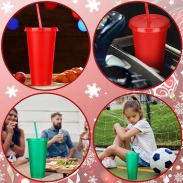 Hushee 15 Pieces Christmas Tumbler with Straw and Lid Reusable Christmas Cups 24 oz Red Green Plastic Cups for Xmas Tumbler Gifts Christmas Party Decorations Holiday Party Supplies