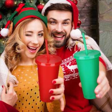 Hushee 15 Pieces Christmas Tumbler with Straw and Lid Reusable Christmas Cups 24 oz Red Green Plastic Cups for Xmas Tumbler Gifts Christmas Party Decorations Holiday Party Supplies
