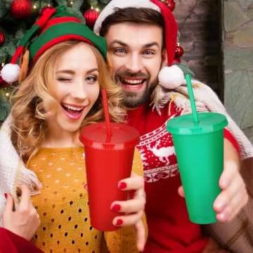 Hushee 15 Pieces Christmas Tumbler with Straw and Lid Reusable Christmas Cups 24 oz Red Green Plastic Cups for Xmas Tumbler Gifts Christmas Party Decorations Holiday Party Supplies