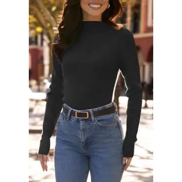 MEROKEETY Women's 2024 Fall Mock Neck Lightweight Pullover Sweater Fitted Ribbed Long Sleeve Color Block Knit Tee Shirt Tops, Black, X-Large