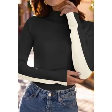MEROKEETY Women's 2024 Fall Mock Neck Lightweight Pullover Sweater Fitted Ribbed Long Sleeve Color Block Knit Tee Shirt Tops, Black, X-Large