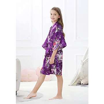 IVRRISS Kid Girls Silky Kimono Robes Party Set with Floral Patterns for Spa Brithday Wedding Short Robes (Purple, Tag 6)