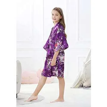 IVRRISS Kid Girls Silky Kimono Robes Party Set with Floral Patterns for Spa Brithday Wedding Short Robes (Purple, Tag 6)