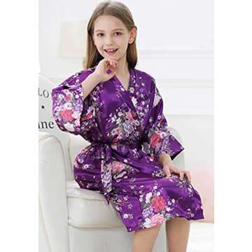 IVRRISS Kid Girls Silky Kimono Robes Party Set with Floral Patterns for Spa Brithday Wedding Short Robes (Purple, Tag 6)