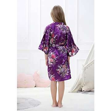 IVRRISS Kid Girls Silky Kimono Robes Party Set with Floral Patterns for Spa Brithday Wedding Short Robes (Purple, Tag 6)