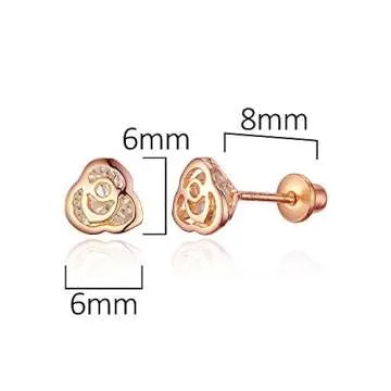 Rose Gold Tone Flower Cubic Zirconia Screwback Baby Girls Earrings Sterling Silver Post