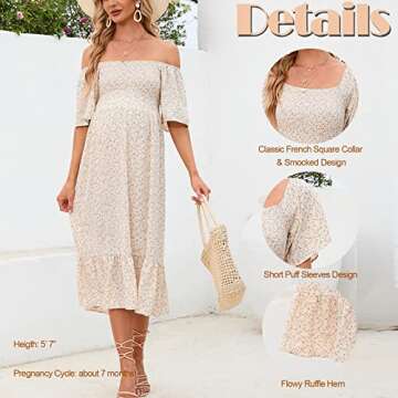 2023 Summer Maternity Dress for Baby Shower Photoshoot, Casual Square Neck Smocked Flowy Midi Pregna...