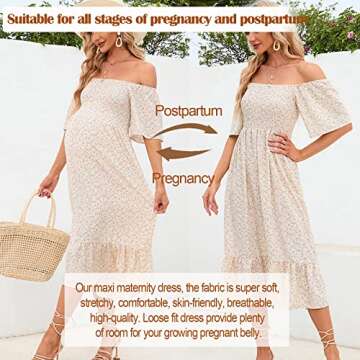 2023 Summer Maternity Dress for Baby Shower Photoshoot, Casual Square Neck Smocked Flowy Midi Pregnancy Dresses(Beige,S)