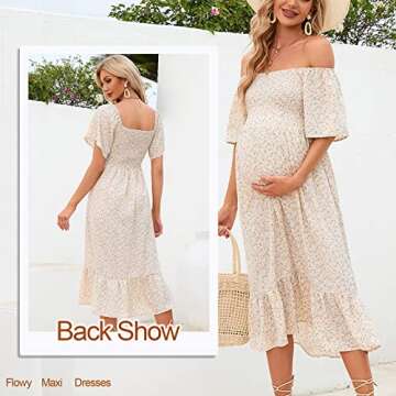 2023 Summer Maternity Dress for Baby Shower Photoshoot, Casual Square Neck Smocked Flowy Midi Pregnancy Dresses(Beige,S)