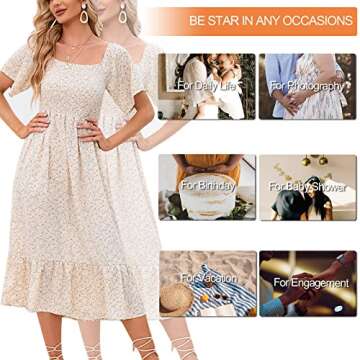 2023 Summer Maternity Dress for Baby Shower Photoshoot, Casual Square Neck Smocked Flowy Midi Pregnancy Dresses(Beige,S)