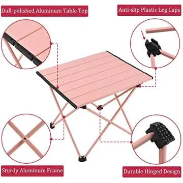 Grope Portable Beach Table for Sand with Aluminum Table Top, Folding Camping Table Easy to Carry, Prefect for Outdoor, Picnic, BBQ, Cooking, Festival, Beach, Home (Pink-S)