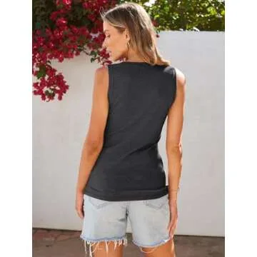 Kissfix Tank Tops for Women Summer Casual Camisole Tops Ribbed Sleeveless Henley Shirts Basic Clothing, Black Grey, S