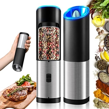 Rocyis Electric Salt and Pepper Grinder Set - Battery Powered with LED Light, Adjustable Coarseness,...