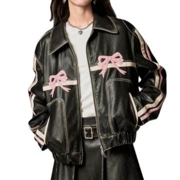 YELLOOP Bow Jacket Leather Jacket Faux Leather Jacket Women Vintage Leather Jacket Y2k (Pink,S)