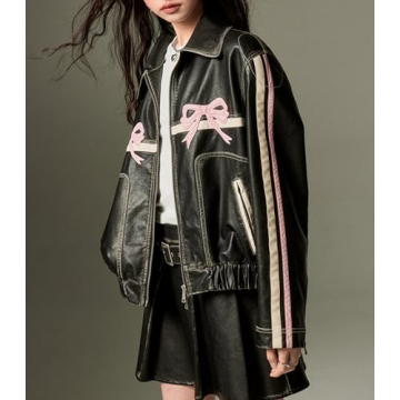 YELLOOP Bow Jacket Leather Jacket Faux Leather Jacket Women Vintage Leather Jacket Y2k (Pink,S)