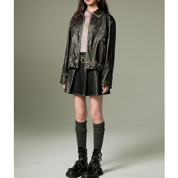 YELLOOP Bow Jacket Leather Jacket Faux Leather Jacket Women Vintage Leather Jacket Y2k (Pink,S)