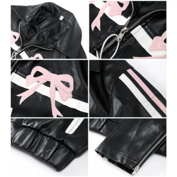 YELLOOP Bow Jacket Leather Jacket Faux Leather Jacket Women Vintage Leather Jacket Y2k (Pink,S)
