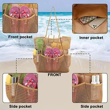 Large Mesh Beach Tote Bag with Pockets for Women